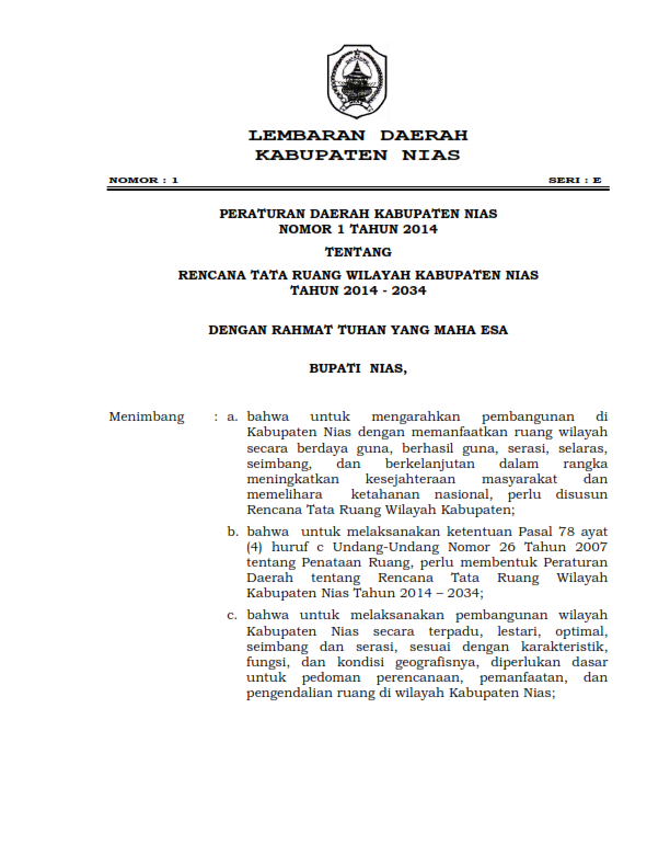 Peraturan Daerah Nomor 1 Tahun 2014 Tentang Rencana Tata Ruang Wilayah Kabupaten Nias Tahun 2014-2034